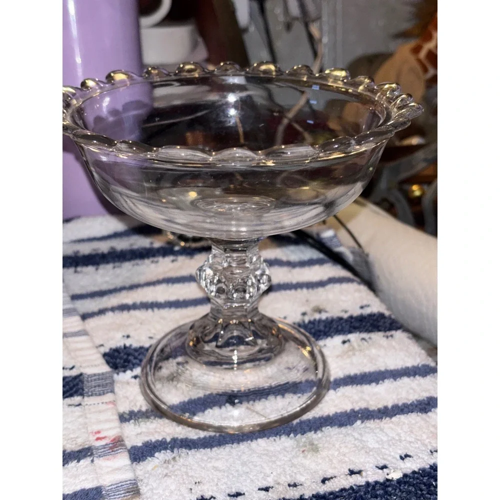 Vintage Clear Pressed Glass Scalloped Rim Pedestal Compote Candy Dish Bowl